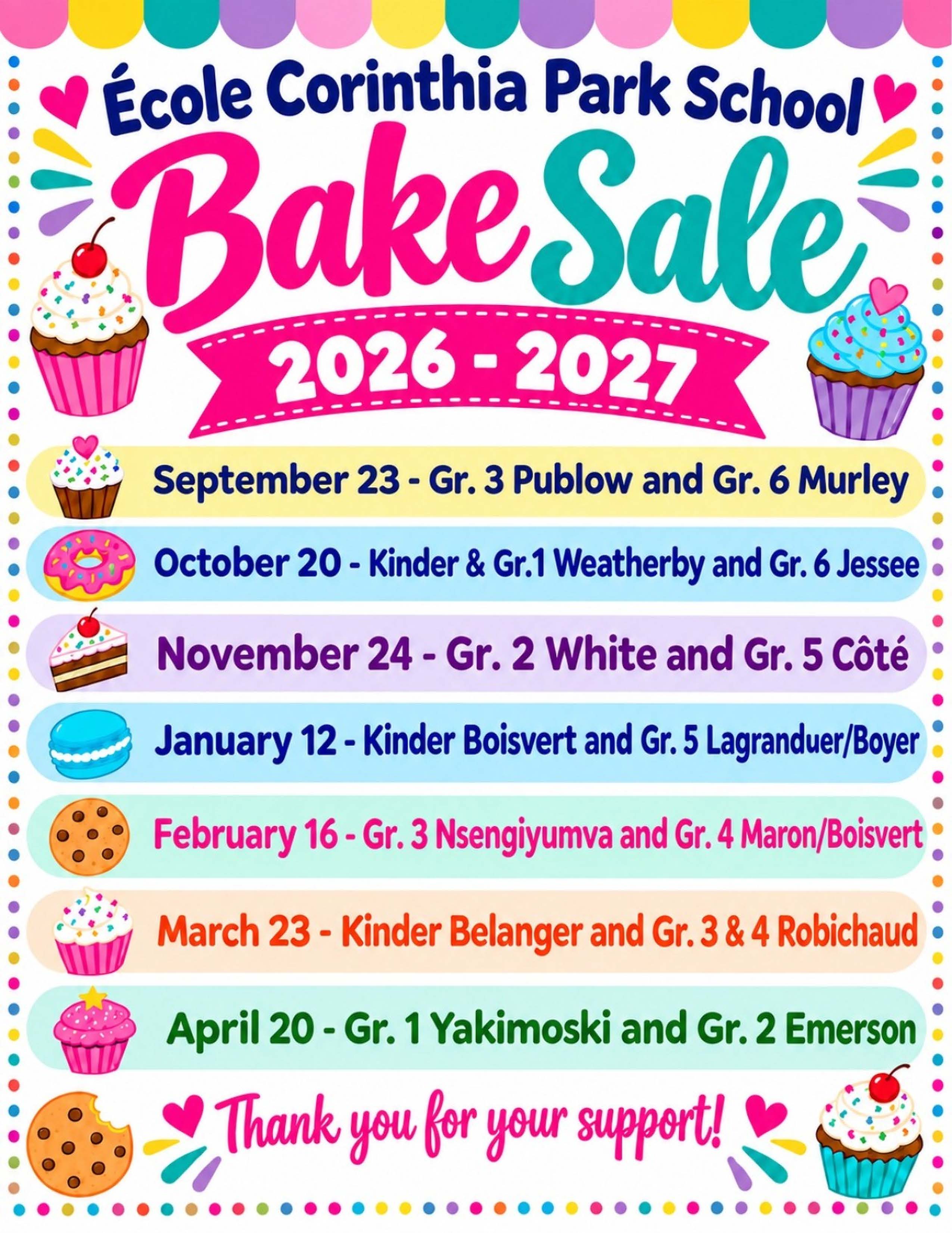 ÉCPS Bake Sale Calendar 2026 2027